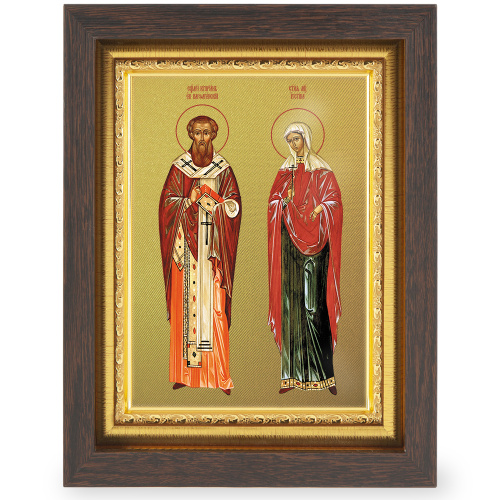Икона священномученика Киприана и мученицы Иустины Антиохийских, в узком багете, цвет "темный дуб", на холсте, с золочением фото 2