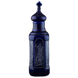 Сосуд для святой воды "Св. Сергий Валаамский", синяя глазурь, серебристый узор (объём 0,5 л)