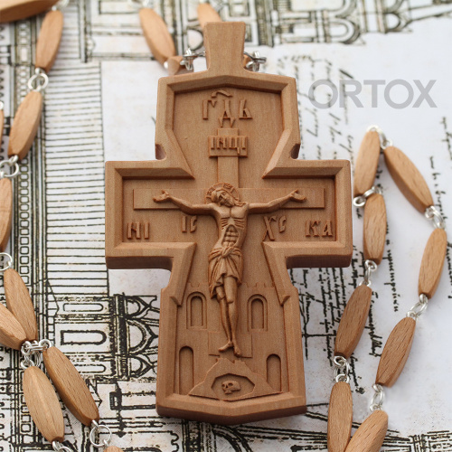 Крест наперсный деревянный резной, с цепью, 6,6х11 см фото 2