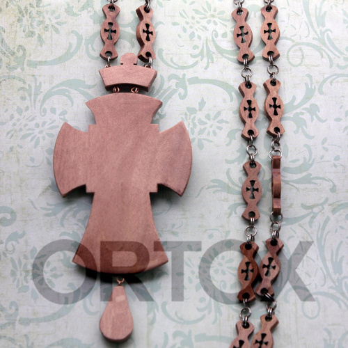 Крест наперсный деревянный резной с цепью, 7х14 см, темный фото 3