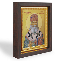 Икона святителя Серафима, архиепископа Богучарского, Софийского чудотворца, в узком багете, цвет "темный дуб", на холсте, с золочением
