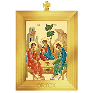 Икона Пресвятой Троицы в позолоченной рамке с крестом (7,4х10,5 см (А7))