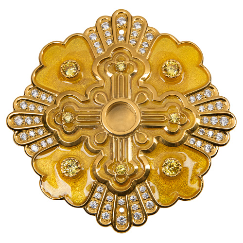 Мощевик накладной из ювелирного сплава в позолоте с эмалью и фианитами, Ø 75/9 мм фото 2