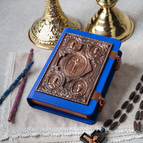 Евангелие требное среднее синее, оклад "под бронзу", кожа, 17х22 см фото 2