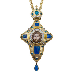 Крест наперсный латунный в позолоте с цепью, фианиты, 6,4х13 см (голубые фианиты)