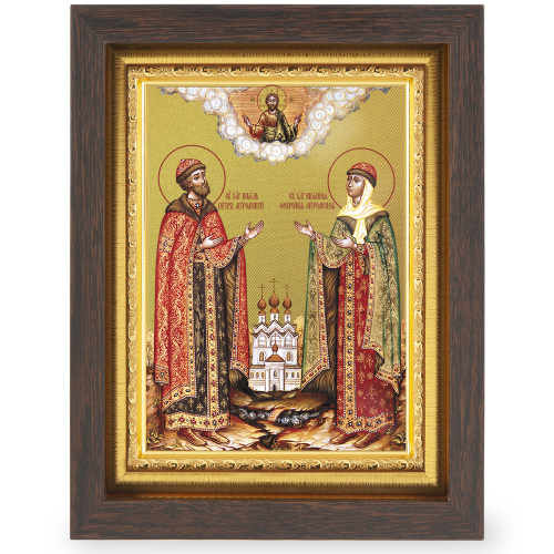 Икона благоверных князей Петра и Февронии Муромских, в узком багете, цвет "темный дуб", на холсте, с золочением, №2 фото 2