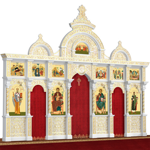 Иконостас деревянный резной "Владимирский" двухъярусный белый с золотом (патина), 690х528х40 см фото 3