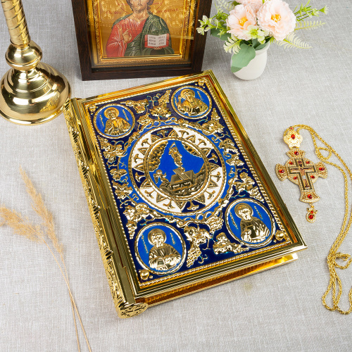 Оклад для Евангелия напрестольного, цинковый сплав, цвет "под золото", синяя эмаль, 25х5х35 см фото 2