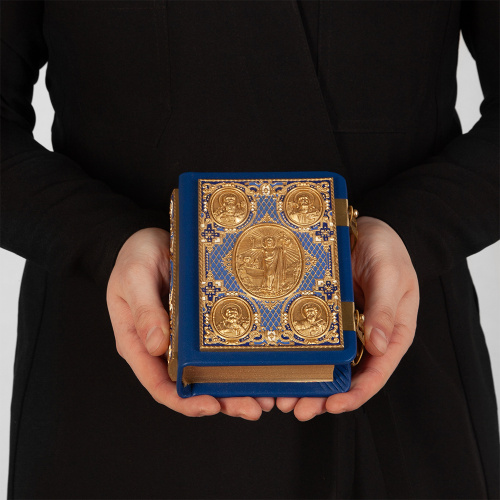 Евангелие требное малое синее, оклад "под золото", кожа, эмаль, 12х16 см фото 6