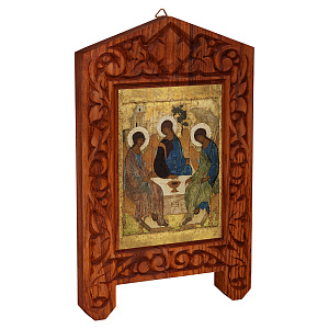 Икона Святой Троицы (прп. Андрея Рублева) на резной доске "Суздальская", холст с золочением (13,4х22,5 см (под икону А7))