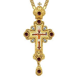 Крест наперсный из ювелирного сплава с позолотой, фианиты, 6,5х15,5 см (без цепи, красные и белые камни)