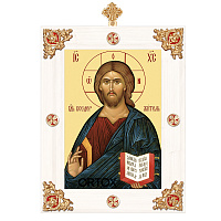 Икона Спасителя "Господь Вседержитель" в рамке с декоративными элементами и крестом, цвет "белый с золотом"