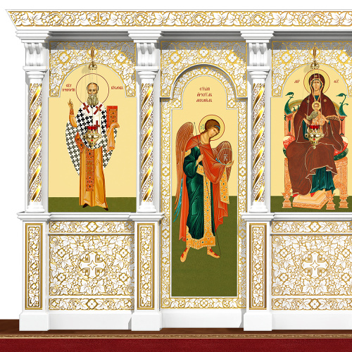 Иконостас деревянный резной "Владимирский" одноярусный белый с золотом (патина), 690х282х40 см №2 фото 5