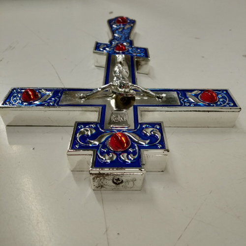 Крест напрестольный латунный синий, 14х26 см, красные камни, У-0121 фото 2