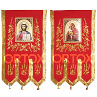 Хоругви вышитые красные "Три колоса" с иконой Божией Матери "Почаевская", комплект, 65х140 см, У-0297
