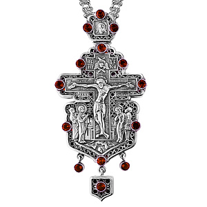 Крест наперсный из ювелирного сплава в серебрении с цепью, фианиты, 8х15 см (красные фианиты)