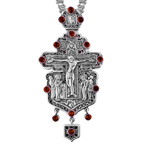 Крест наперсный из ювелирного сплава в серебрении с цепью, фианиты, 8х15 см фото 2 Крест наперсный из ювелирного сплава в серебрении с цепью, фианиты, 8х15 см фото 2