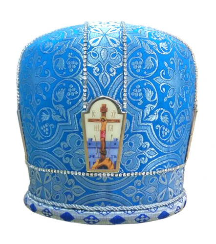 Митра простая голубая из парчи с иконами, стразы фото 3