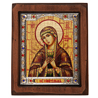 Икона Божией Матери "Семистрельная", под старину, металлическая окантовка с украшениями, 21х25 см, У-1226