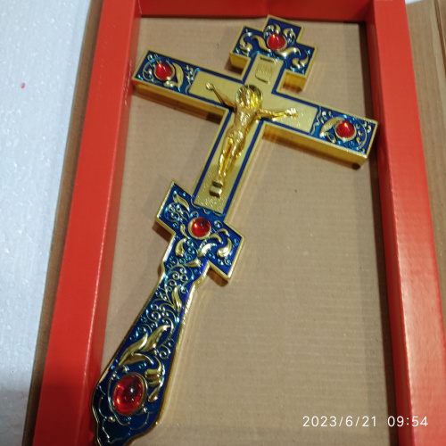 Крест напрестольный латунный синий, 14х26 см, красные камни, У-0634 фото 6
