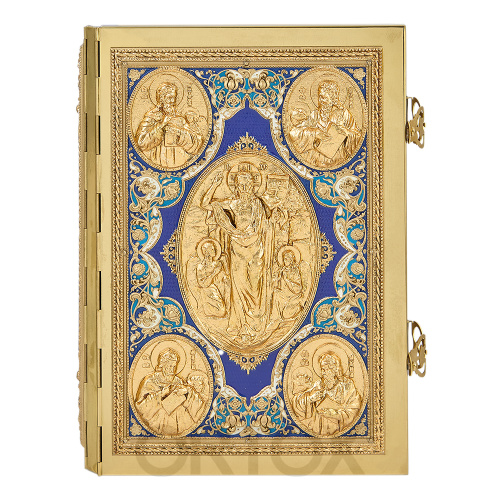 Евангелие напрестольное синее, полный оклад "под золото", 24х31 см фото 9