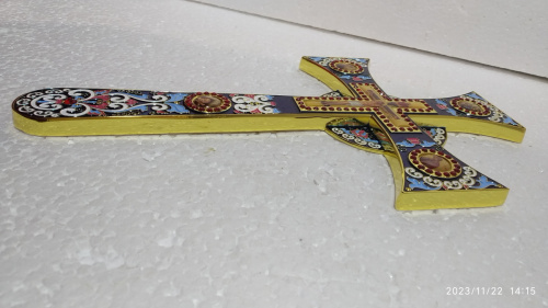 Крест требный четырехконечный, синяя эмаль, камни, 17х29 см, У-0924 фото 3