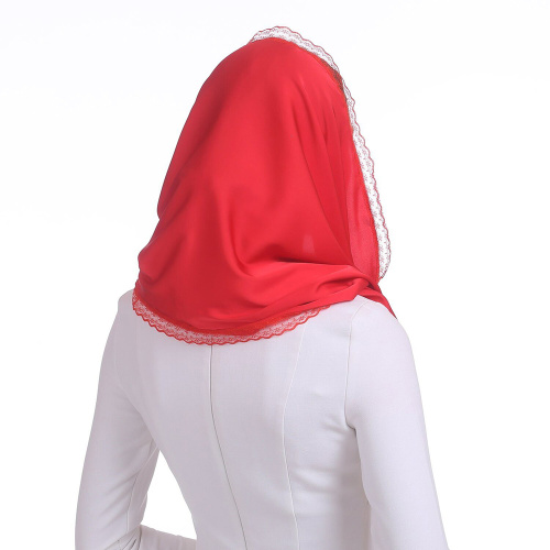 Палантин-снуд "Алая роза" красный с кружевом, искусственный шелк фото 3
