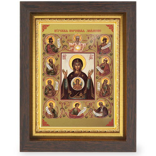 Икона Божией матери "Знамение Курская-Коренная", в узком багете, цвет "темный дуб", на холсте, с золочением фото 2