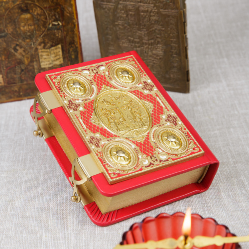 Евангелие требное малое красное, оклад "под золото", кожа, эмаль, 12х16 см фото 4