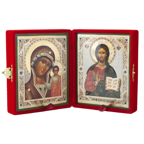 Складень венчальный с ликами Спасителя и Божией Матери "Казанская", 14х17 см, бархат, стразы фото 2 Складень венчальный с ликами Спасителя и Божией Матери "Казанская", 14х17 см, бархат, стразы фото 2