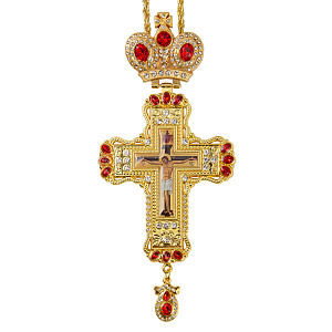 Крест наперсный с цепью, цинковый сплав, камни, 8х18,5 см (красные камни)