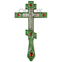 Крест напрестольный латунный, 14х26 см, зеленая эмаль, красные камни, У-0635