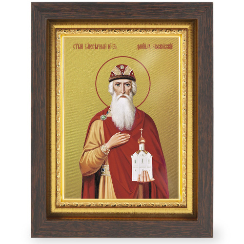 Икона благоверного князя Даниила Московского в узком багете, цвет "темный дуб", на холсте, с золочением фото 2