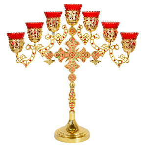 Семисвечник напрестольный, цинковый сплав, эмаль, камни, 59х60 см (красная эмаль)