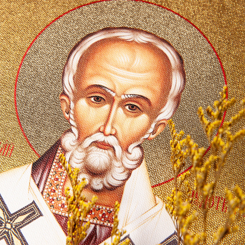 Икона святителя Николая Чудотворца на деревянной основе, цвет "кипарис", на холсте с золочением фото 3