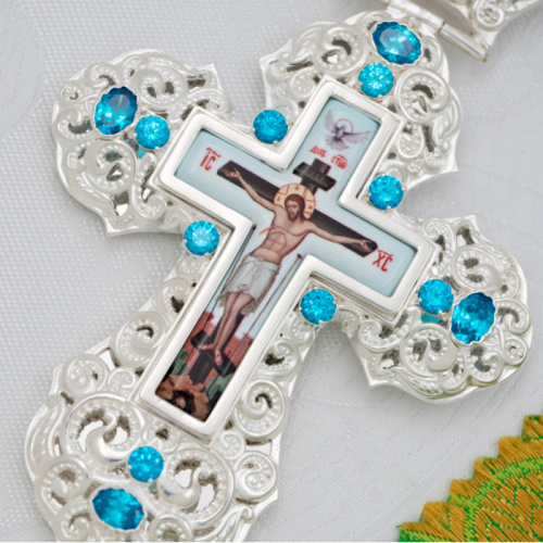 Крест наперсный из ювелирного сплава в серебрении с цепью, фианиты, 8х17,7 см фото 4