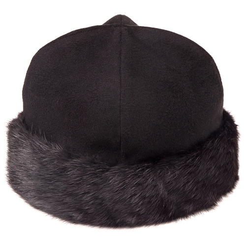 Скуфья зимняя черная, шерстяное сукно, с отворотом из норки, стеганый подклад на синтепоне