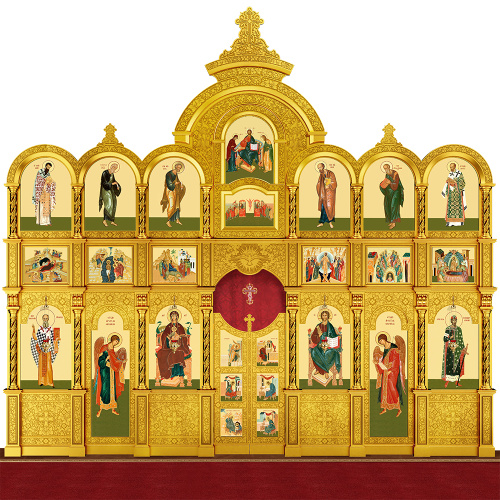 Иконостас деревянный резной "Владимирский" трехъярусный, цвет "золото", 690х620х40 см фото 2 Иконостас деревянный резной "Владимирский" трехъярусный, цвет "золото", 690х620х40 см фото 2