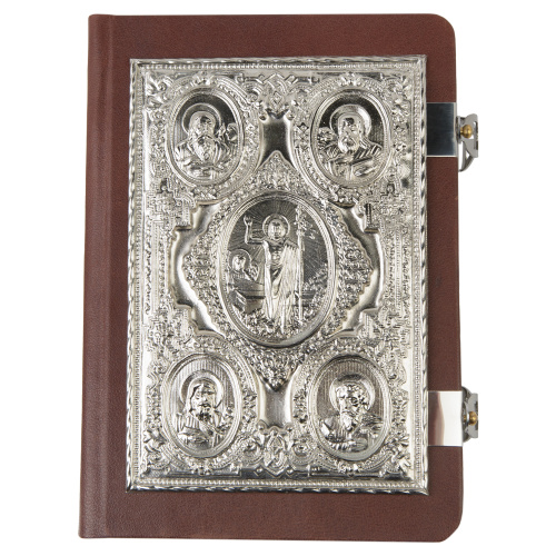 Евангелие требное среднее коричневое, оклад "под серебро", кожа, 17х22 см фото 11