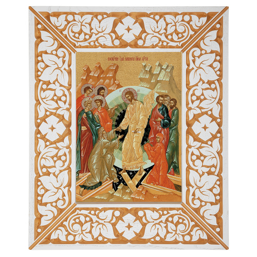 Икона Воскресения Христова, в широкой резной раме, белая с золотом (патина), холст с золочением, ширина рамы 12 см фото 2