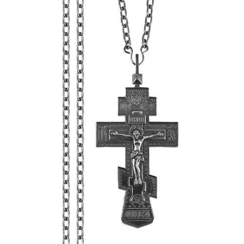 Крест наперсный латунный в серебрении, родирование, с цепью, 6х12 см фото 2