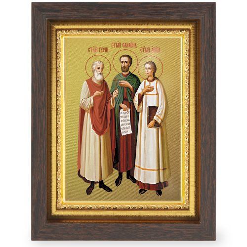 Икона мучеников и исповедников Гурия, Самона и Авива Едесских, в узком багете, цвет "темный дуб", на холсте, с золочением фото 2
