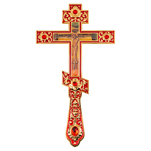 Крест напрестольный, цинковый сплав, красная эмаль, красные камни, 14,5х26 см (гравировка)