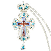 Крест наперсный серебряный, с цепью, белые и голубые фианиты