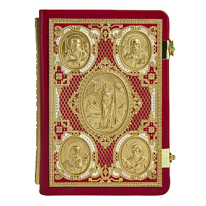 Евангелие требное среднее красное, оклад "под золото", кожа, эмаль, 17х22 см (церковно-славянский язык)