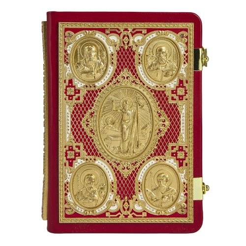 Евангелие требное среднее красное, оклад "под золото", кожа, эмаль, 17х22 см