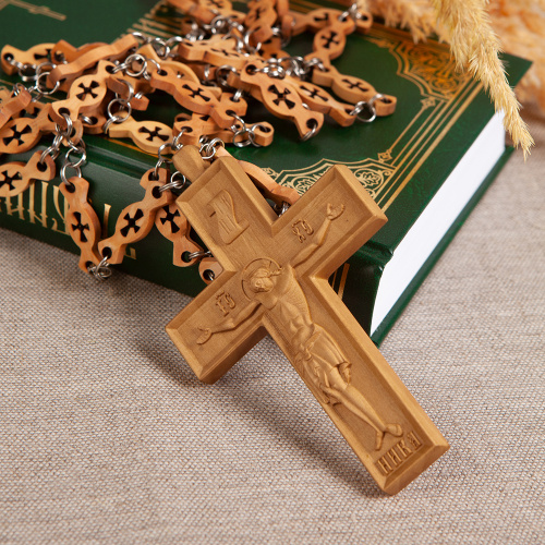 Крест наперсный деревянный резной, с цепью, средний, 7х11,5 см фото 4