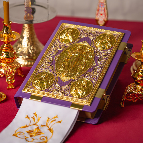 Евангелие напрестольное фиолетовое, оклад "под золото", кожа, эмаль, 24х31 см фото 4