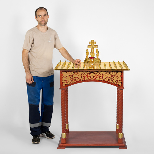 Панихидный стол на 70-100 свечей "Суздальский", цвет "кипарис" с золотом (поталь), колонны, резьба фото 8