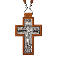 Крест наперсный латунный в серебрении на дереве, 5,7х9,2 см
